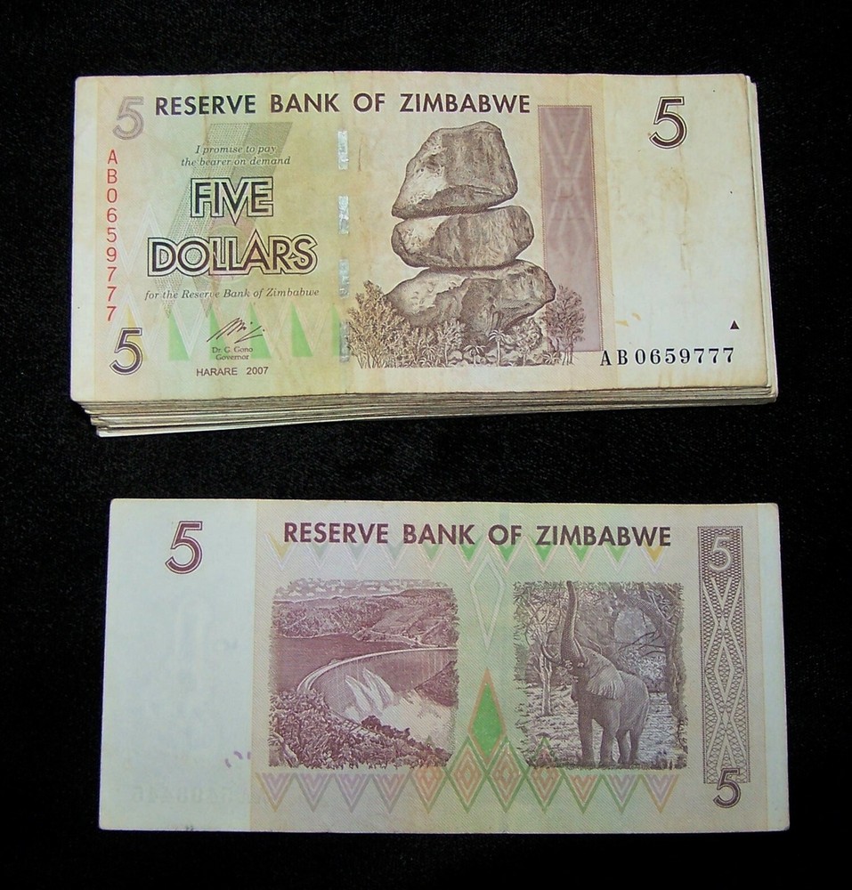 100 Zimbabwe 5 Dollar banknotes-full bundle-2007 circulated