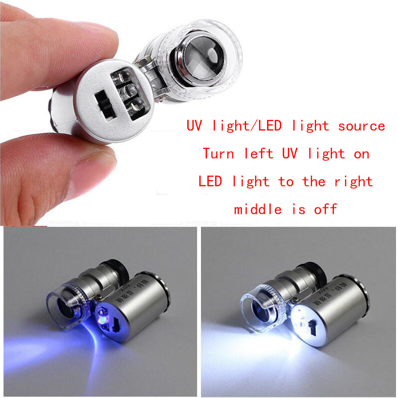 60X LED Mini UV Light Illuminated Pocket Microscope Loupe Magnifier document