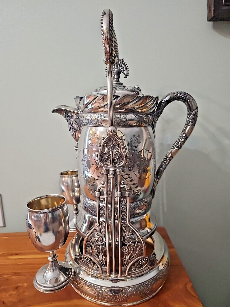 MERIDEN BRITANNIA SILVER-PLATED COLD WATER SERVING PITCHER WITH GOBLETS