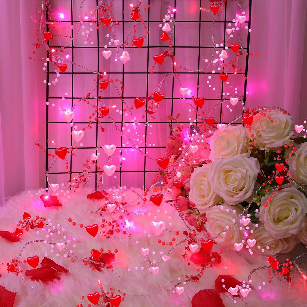 [Timer] 2 Pack 2 Total 13Ft 40LED Valentines Day Lights, Pink and Red