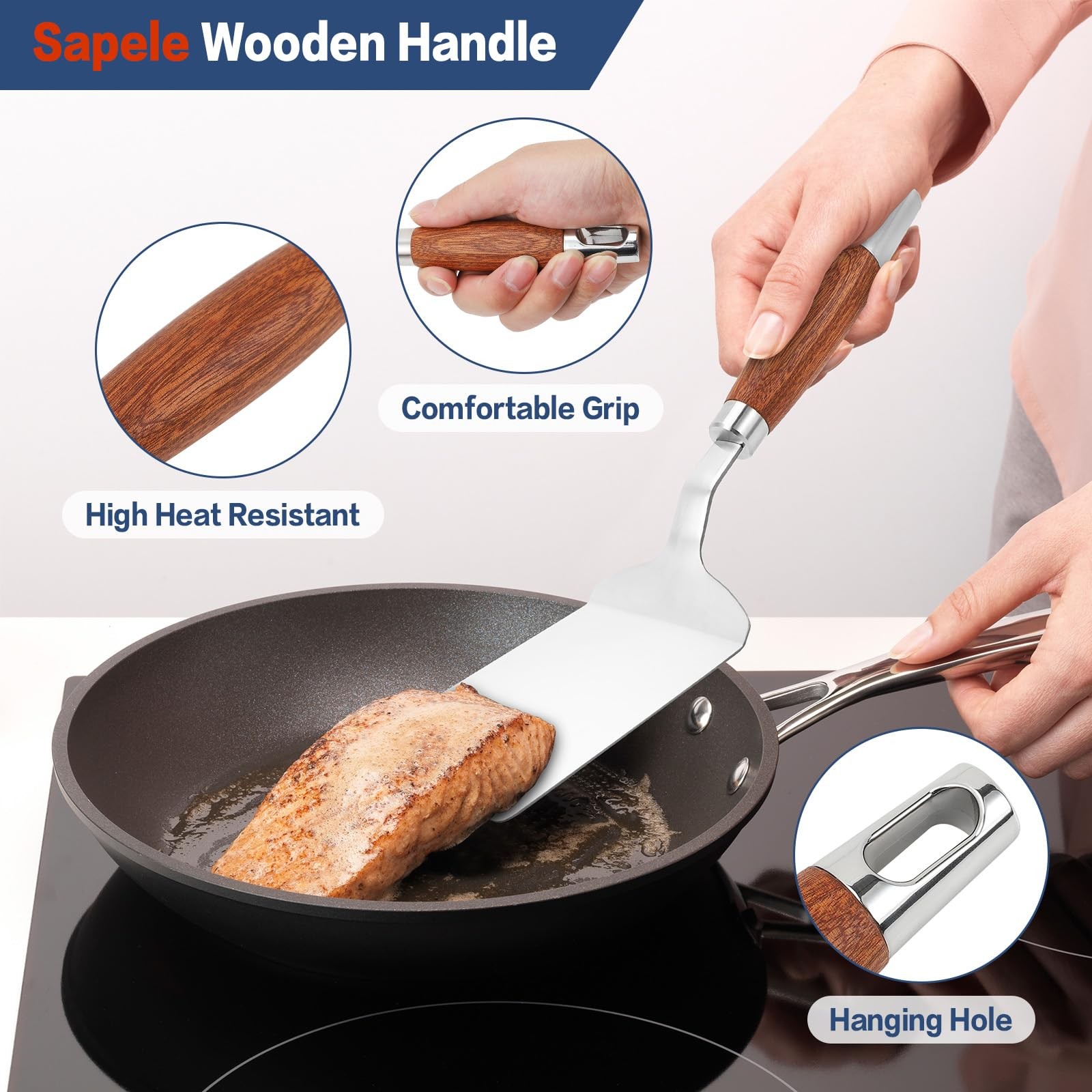 STAINLESS STEEL SPATULA TURNER Heavy-Duty Metal Griddle Flipper Wood Handle NEW