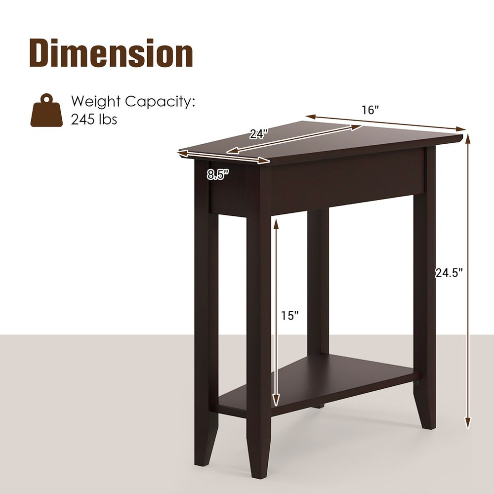 2-Tier End Table Irregular Narrow Sofa Side Nightstand w/ Storage Shelf Espresso