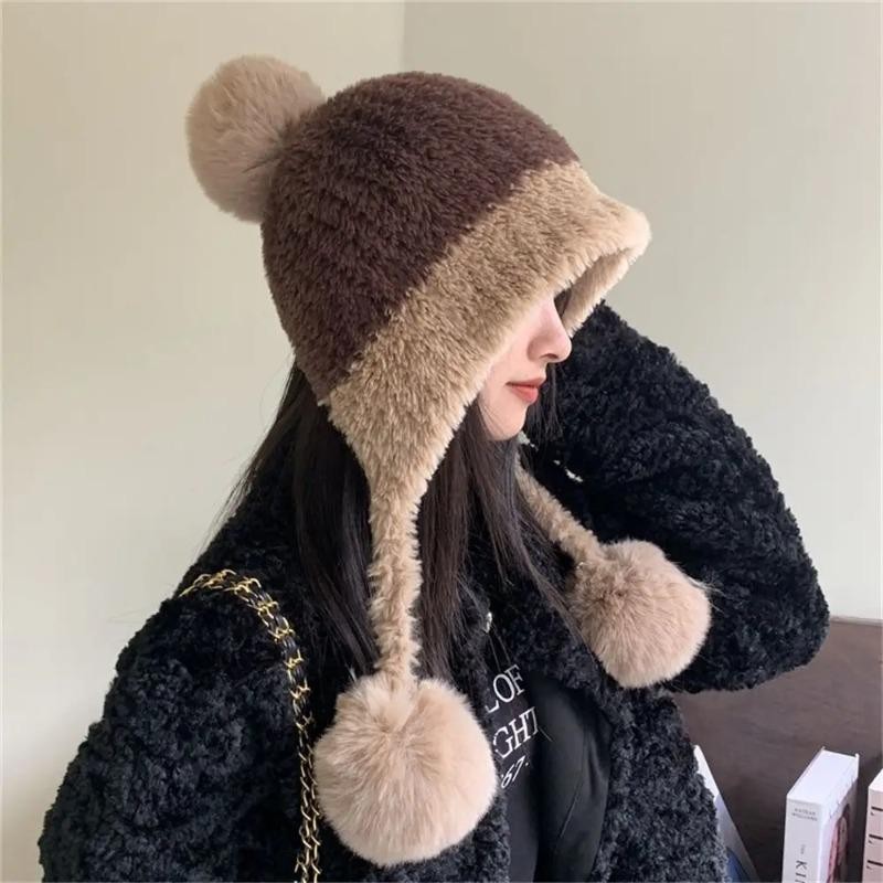 Cute Warm Plush Hat Thickened Windproof Coldproof Solid Color Ear Protection Bea