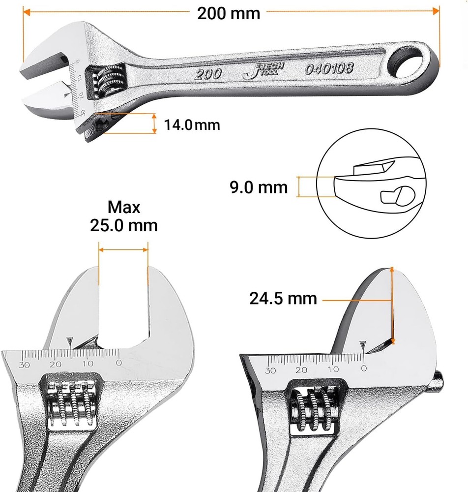 Jetech 8 Inch Adjustable Wrench - Professional Shifter Spanner, Wide Caliber