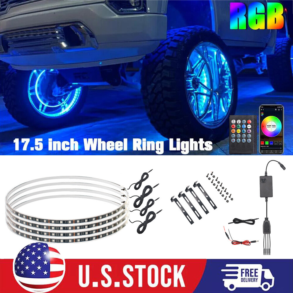 17.5" RGB & Chasing Flow Single Row LED Wheel Ring Rim Lights For Truck Car set