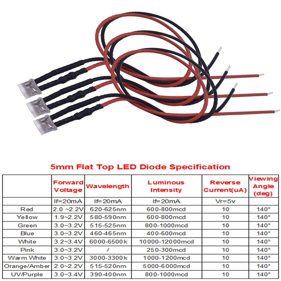 5V 12V 24V 20pcs 3mm/5mm LED Red RGB Pre-Wired Water Clear Light Emitting Diodes