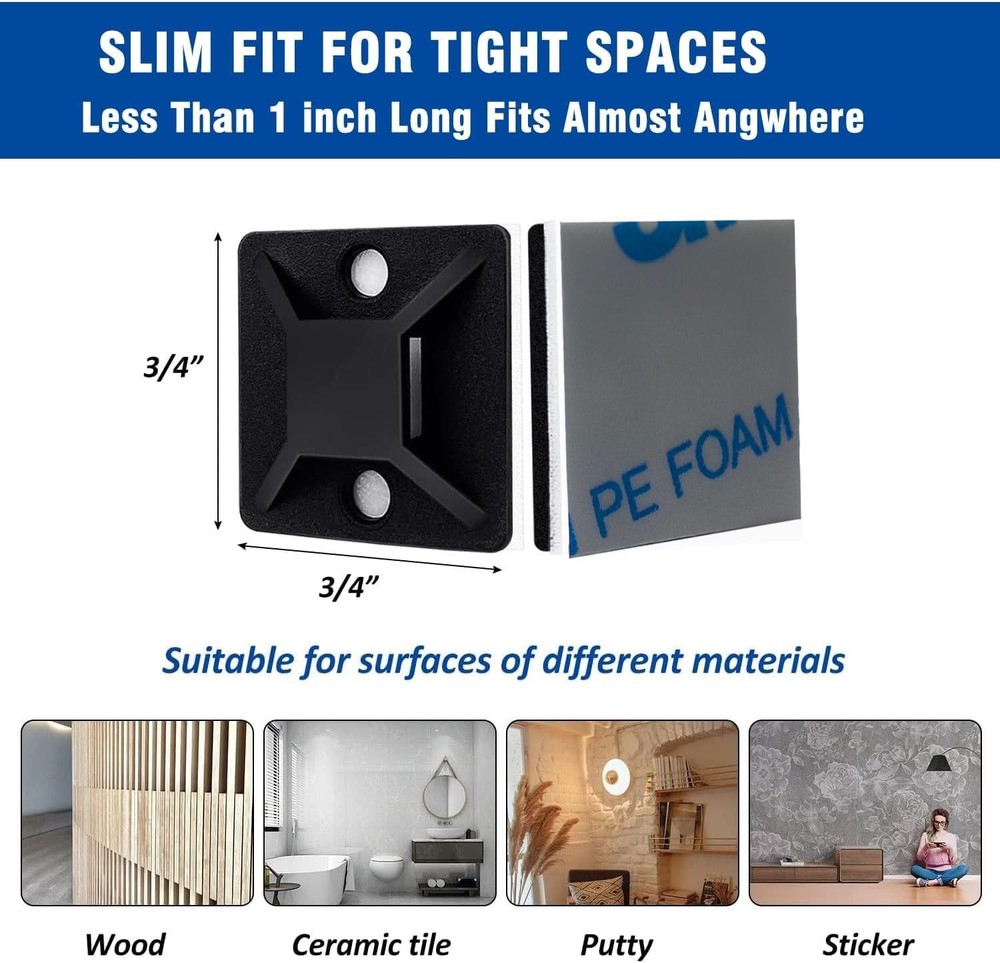 Strong Back-Glue Self Adhesive Cable Zip Tie Mounts Kit - 100 Set Cable Manag...