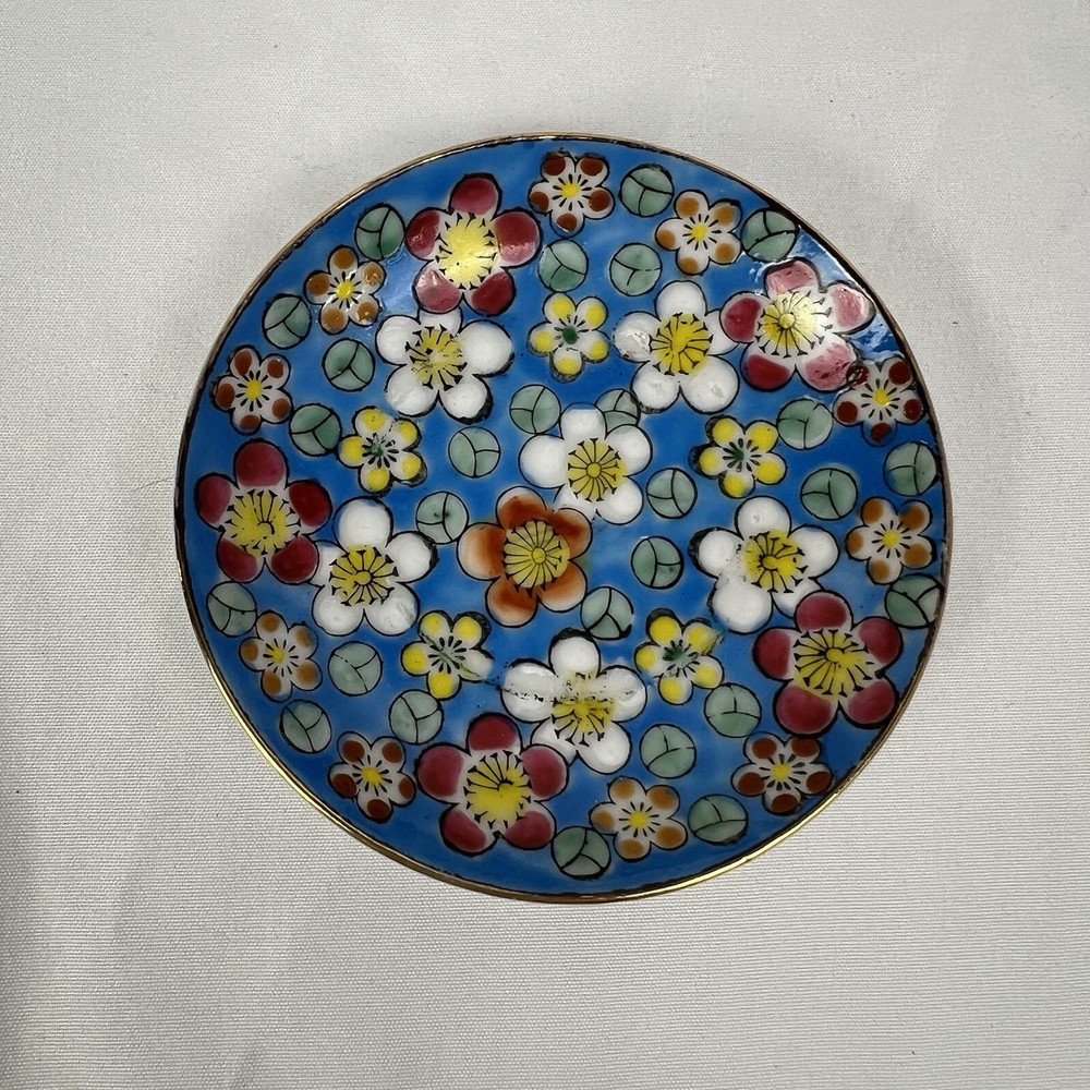 Vintage Viking Import Japan Floral Trinket Dish Blue Enamel Gold Rim Flowers 60s