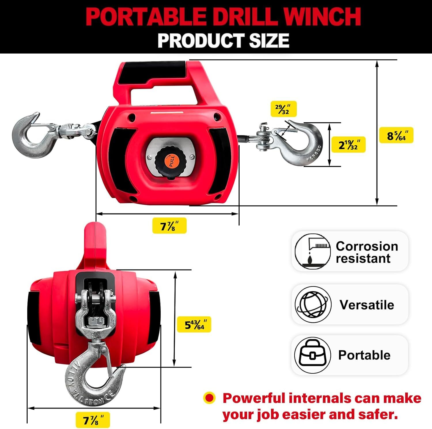 Portable Drill Winch 1000LBS,Drill Powered Winch with Alloy Steel Wire Rope 40FT