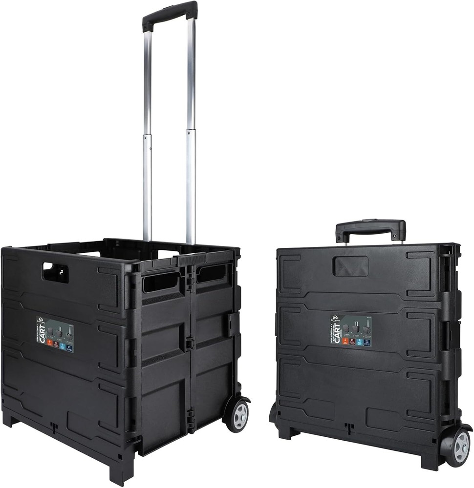 Compact Rolling Utility Cart with Telescopic Handle - 80 LB Capacity, Black