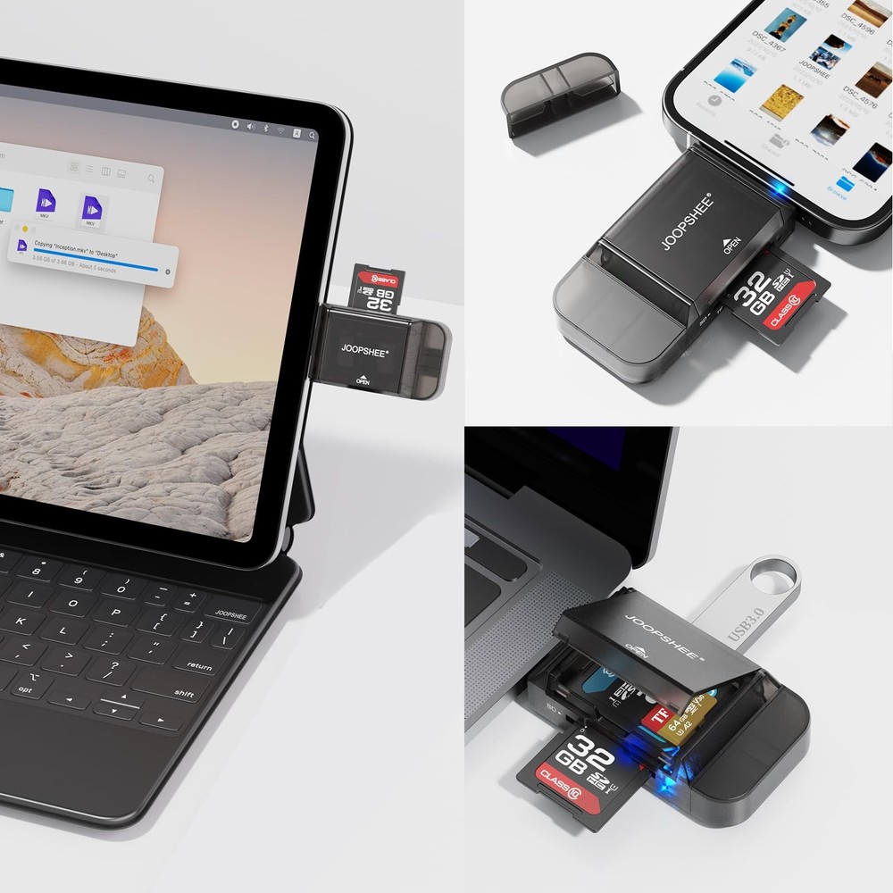 6-in-1 SD/TF Card Reader Adapter with SD Storage USB A & Type USB, black