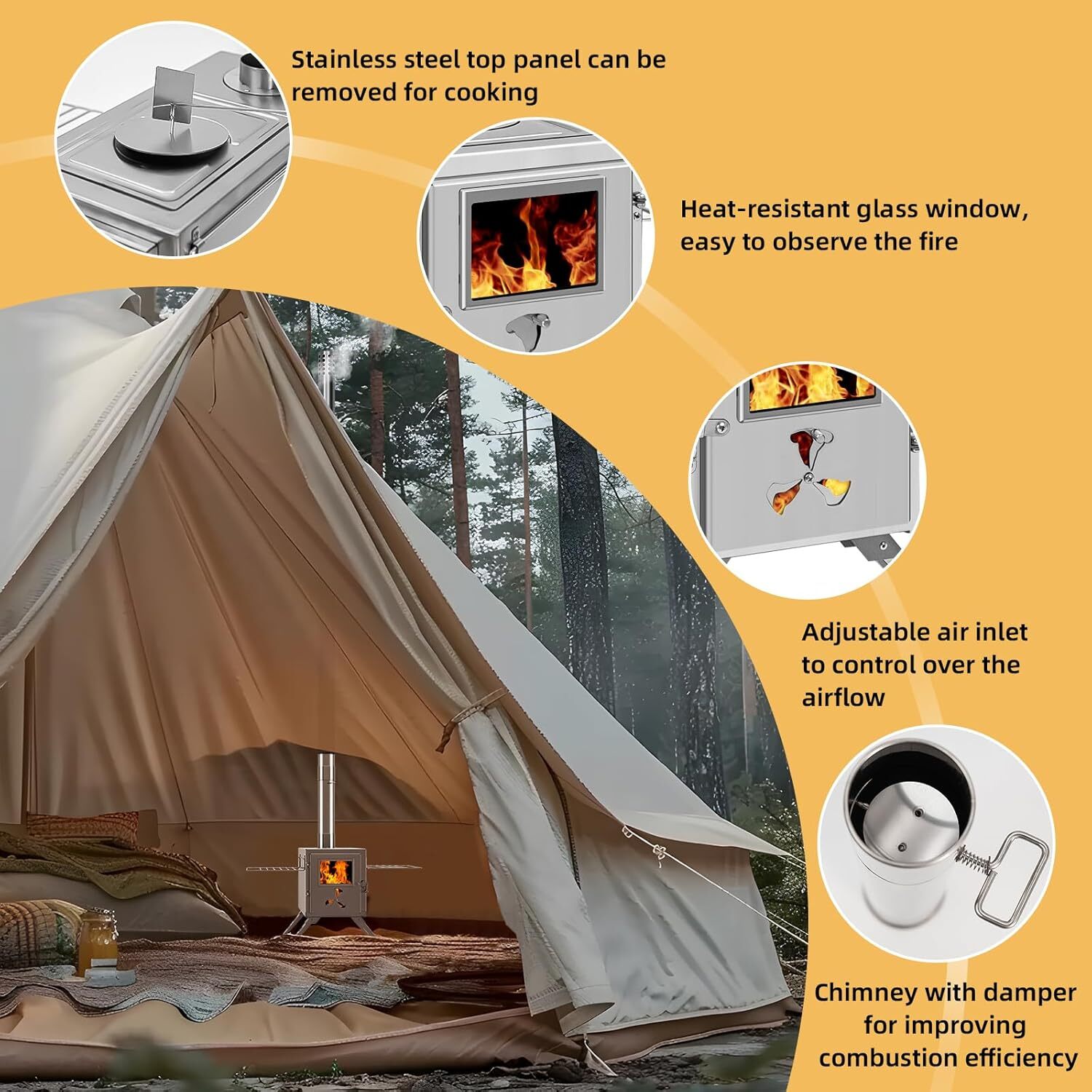 NAIZEA Folding Hot Tent Stove with 7 Section Chimney Pipes for HikingBackpacking