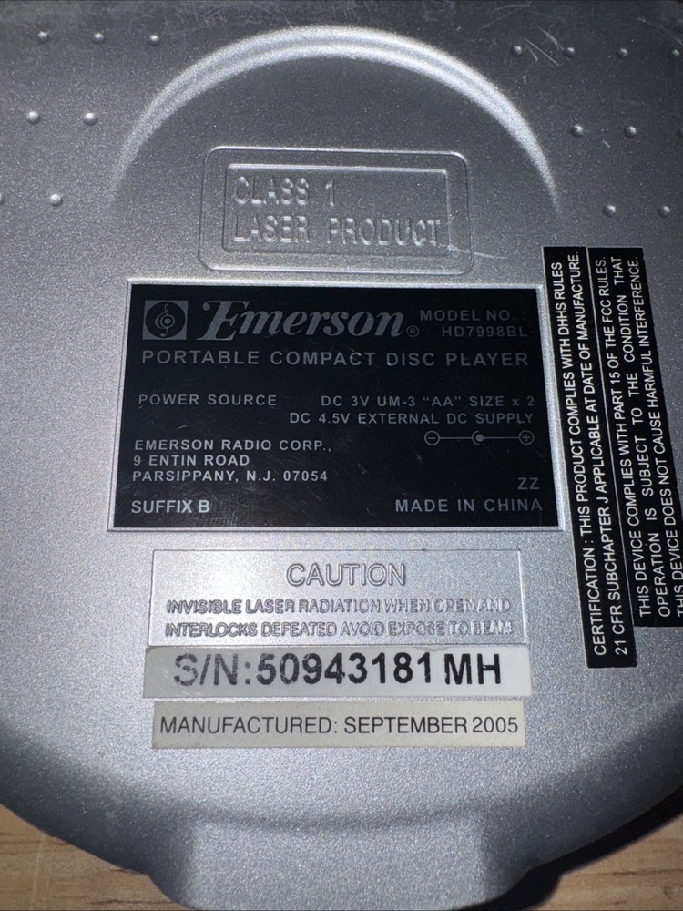 Emerson 20 Track Programable CD Player HD7998BL No Headphones Tested Working