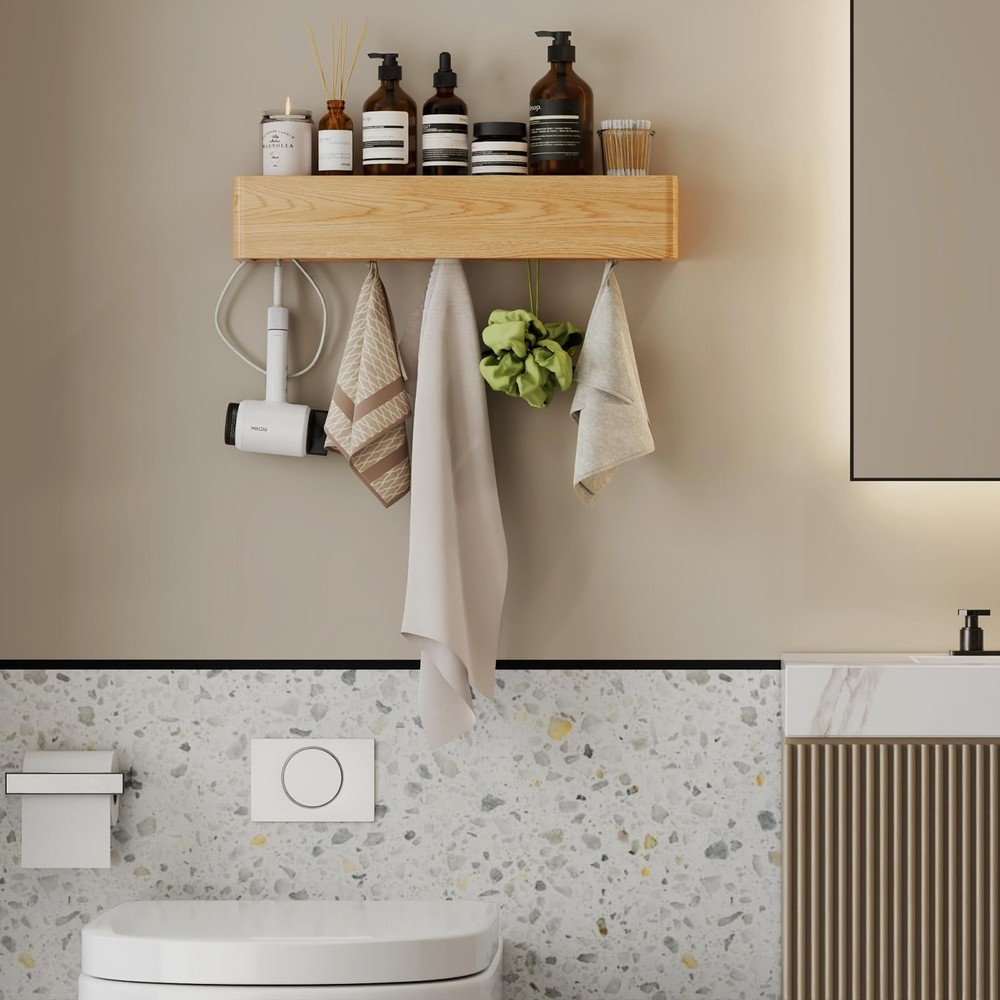 Solid Wood Wall Mounted Coat Rack with Shelf Hooks - Modern Floating Shelves ...