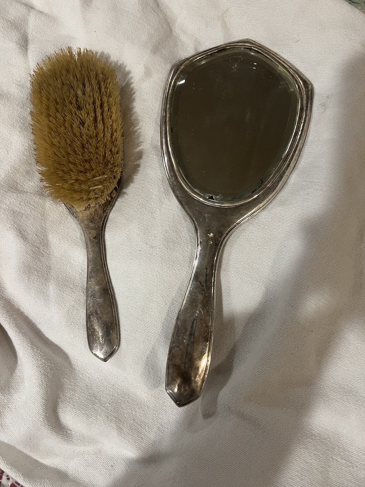 Antique mirror and brush set