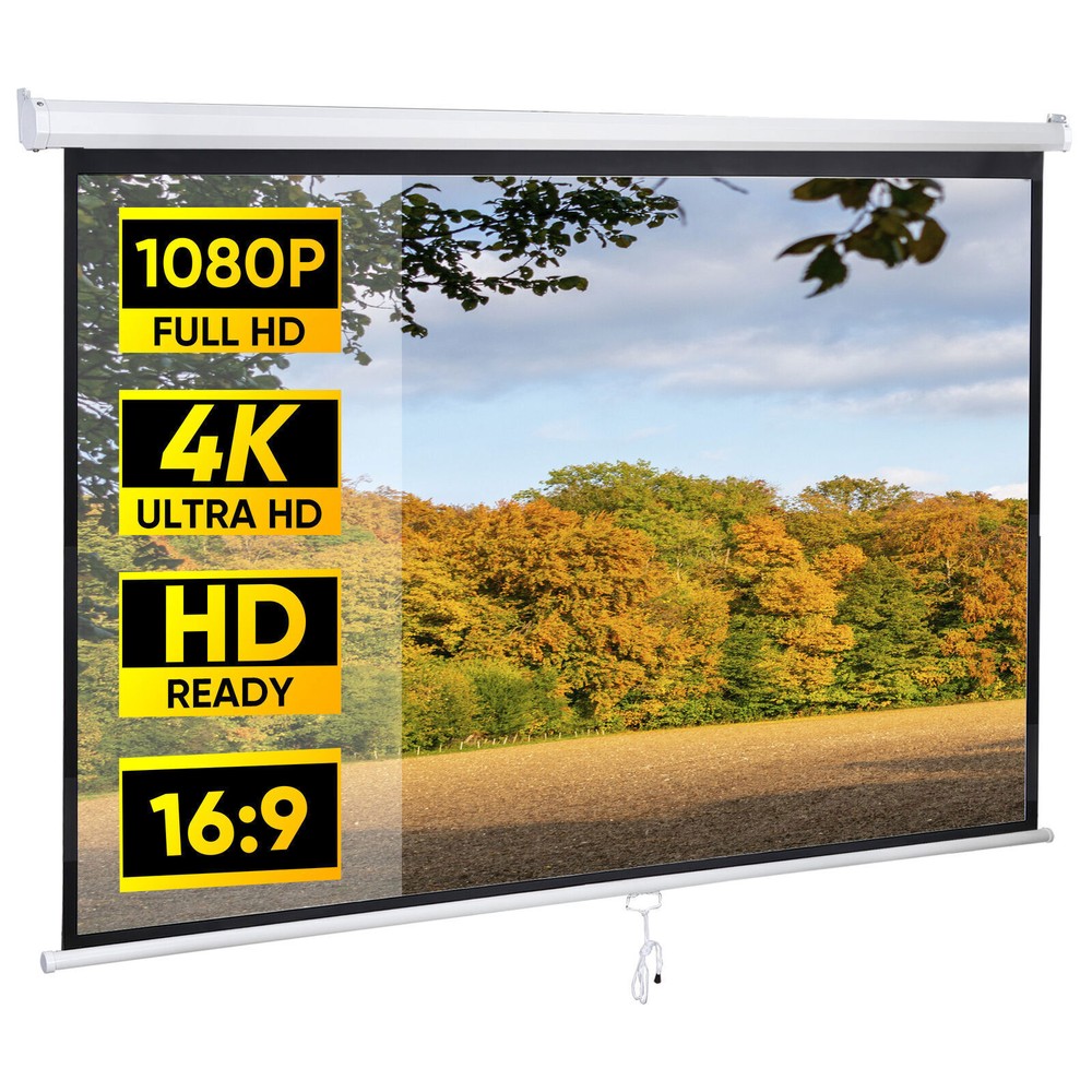 80" Manual Pull Down Projector Screen Wall & Ceiling Mounted HD Screens Portable