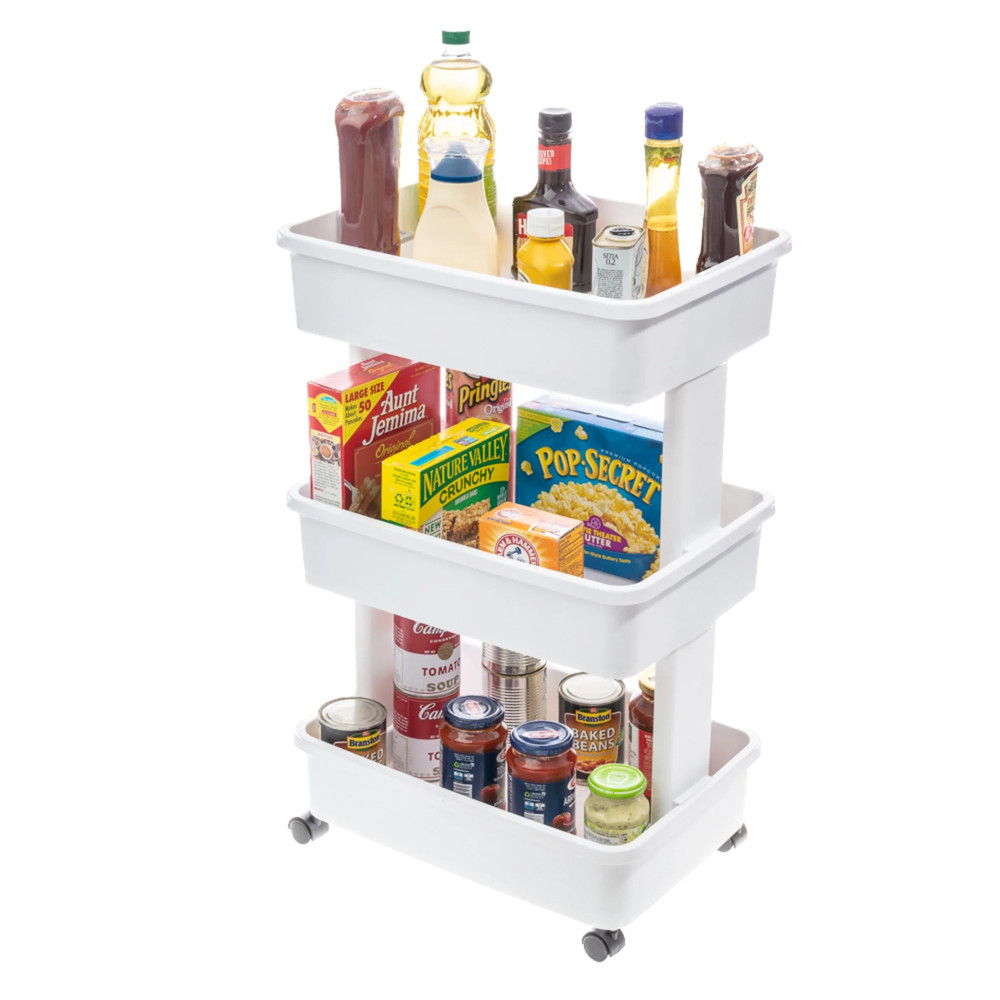 (2 Pack) 3-Tier Plastic Rolling Laundry Cart, Arctic White