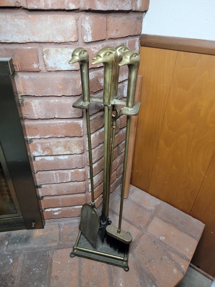 Vintage MCM Cottagecore Brass Duck Head Fireplace Tool Set