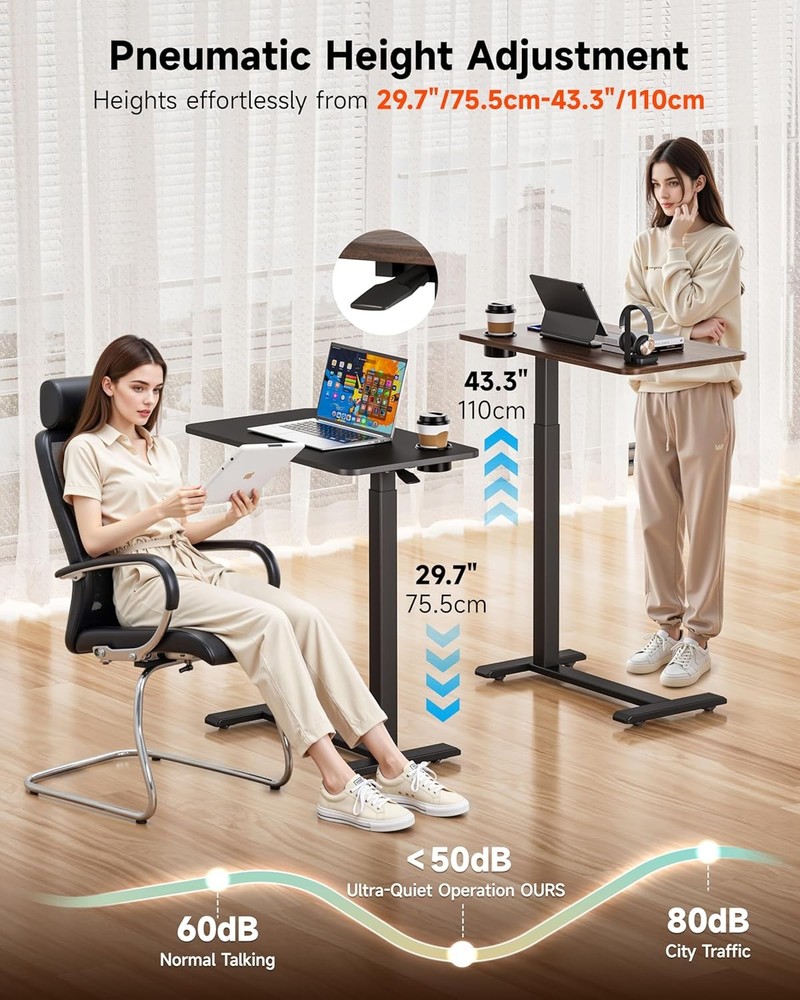 Adjustable Bedside Table W/ Swivel Hidden Wheels Pneumatic Rolling Desk Mobile