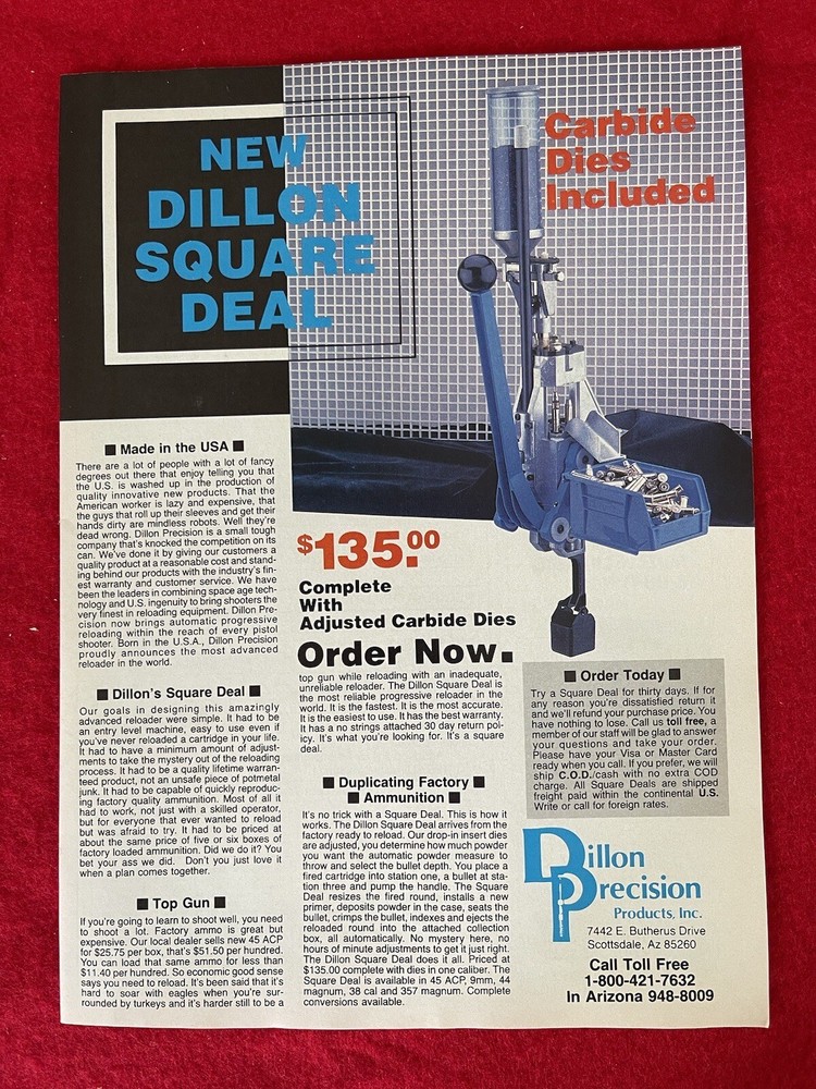 Vintage 1987 Dillon Reloader Print Ad Ammunition Reloading Tools - Ad Only