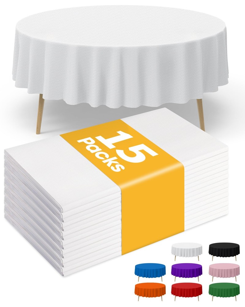 White Plastic Table Cloth Round Table 15 Pack, 84'' Tablecloth for Round Tabl...