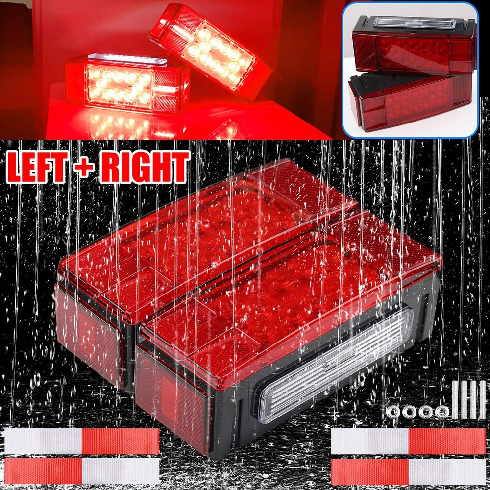 Left+Right LED Waterproof Red Trailer Boat Rectangle Stud Stop Turn Tail Lights