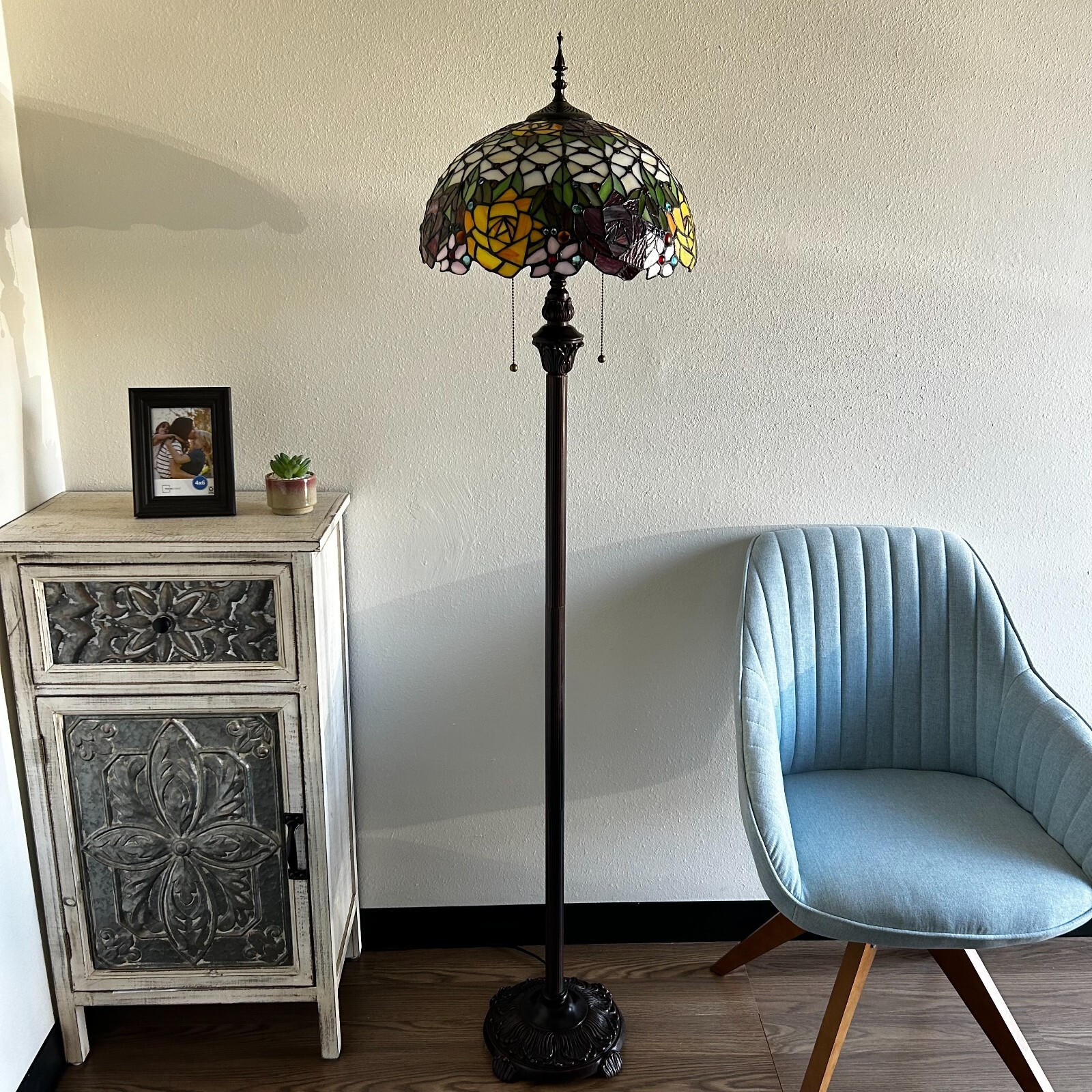 Tiffany Style Floor Lamp Stained Glass Rose Flower Metal Base LED Bulbs 64"H16"W