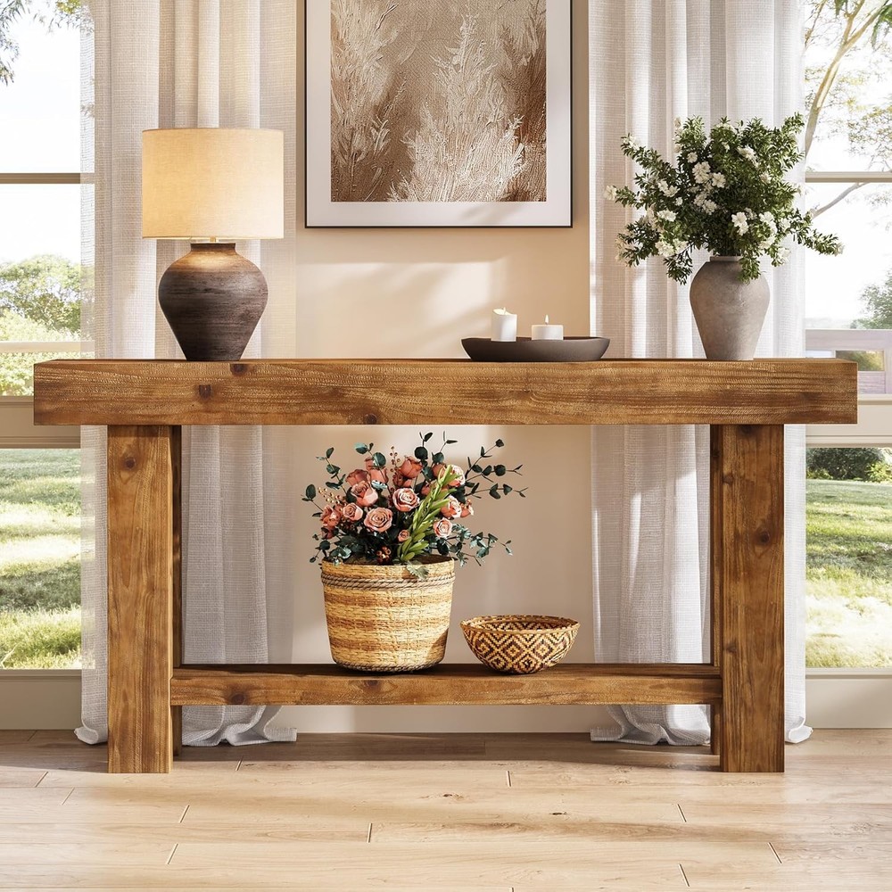 63'' Solid Wood Console Table Farmhouse Narrow Entryway Sofa Table with Storage
