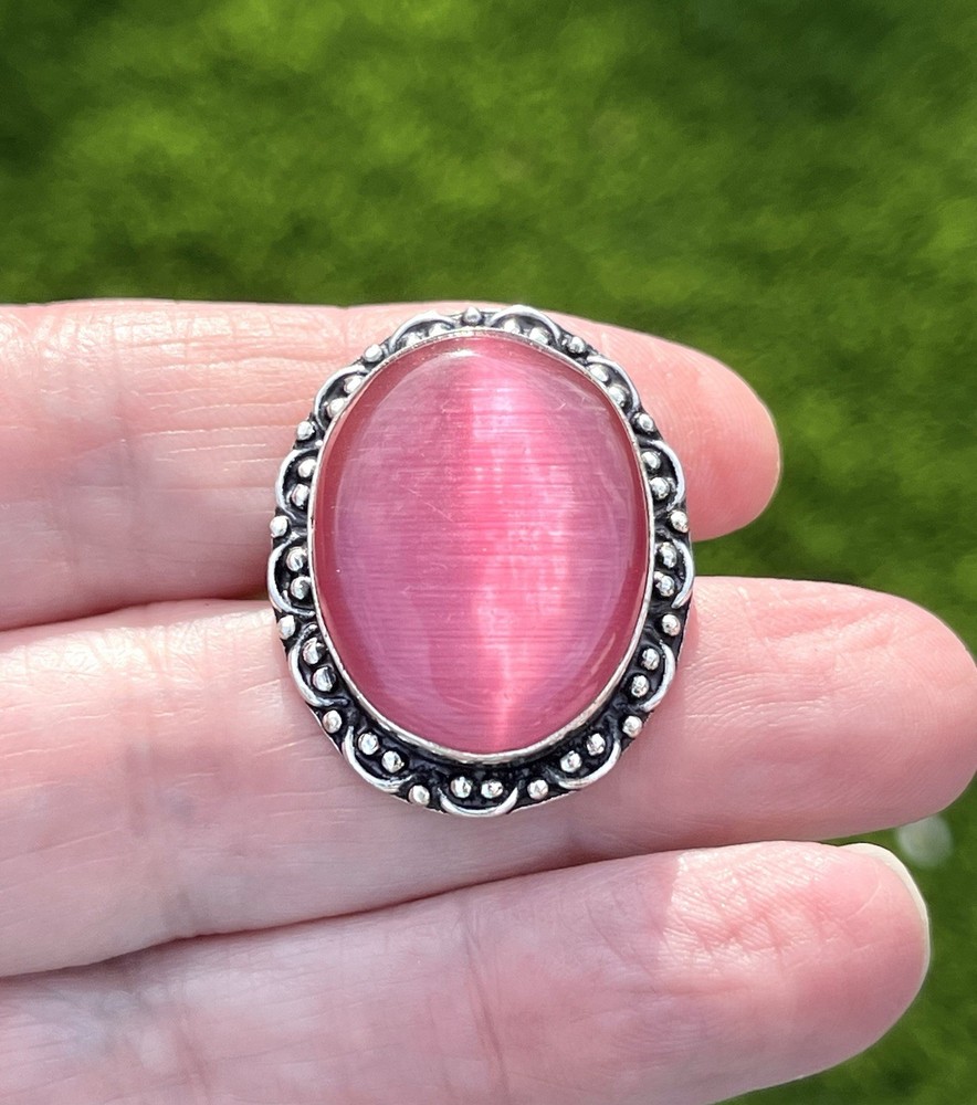 Pink Cat’s Eye Silver Gemstone Ring Sz 8