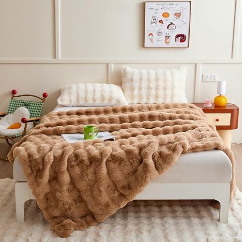 Blanket for Couch - Bread Grid Rabbit Plush Soft Warm Queen(90"x90") Coffee