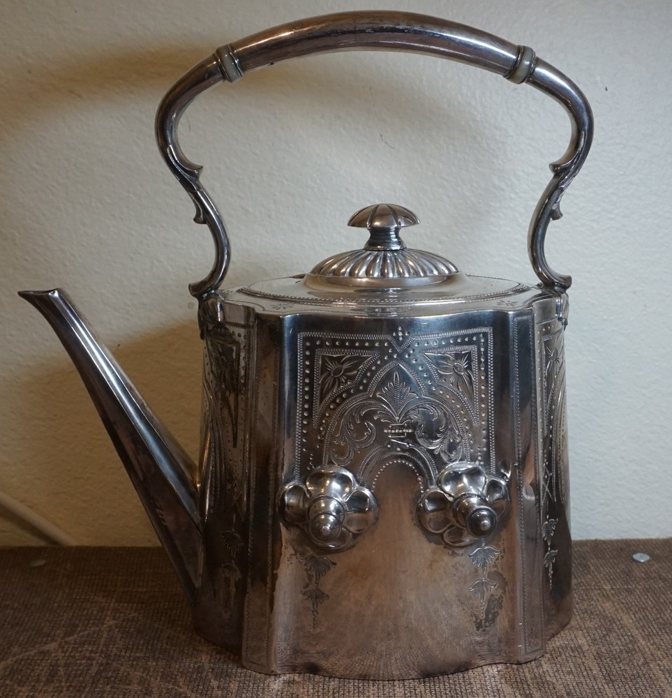 Antique Victorian UK James Dixon &Sons EPBM Silver-Plated Swinging Teapot Kettle
