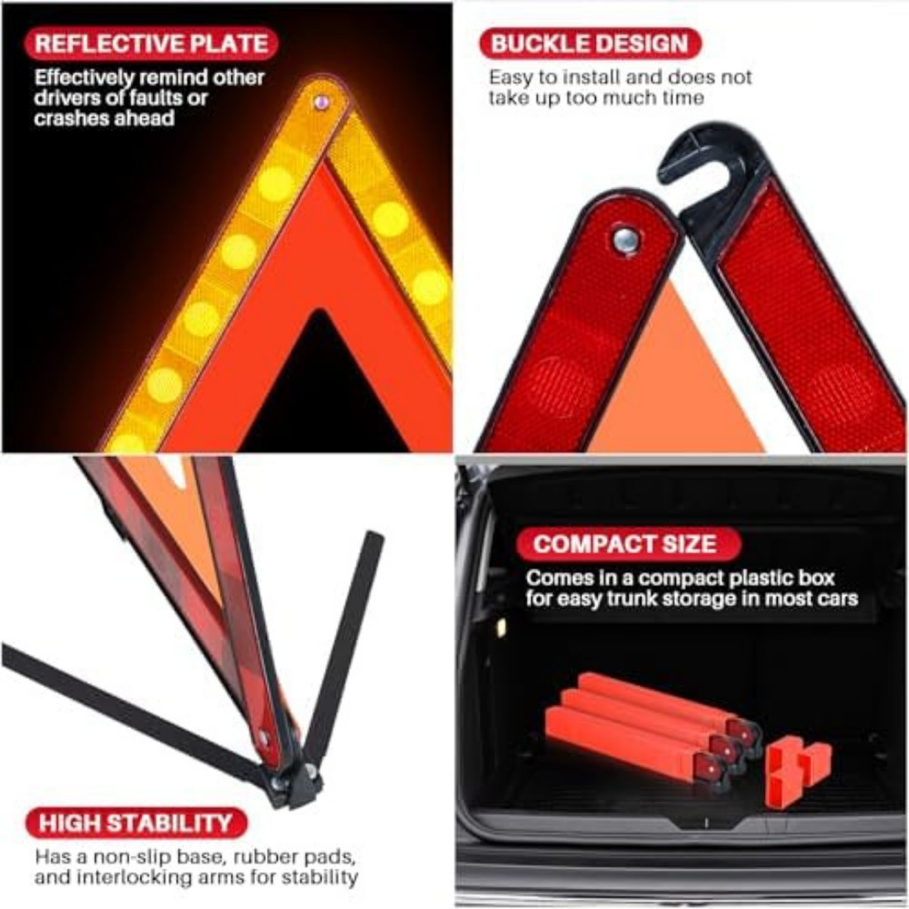 3 Pack Reflective Warning Triangles, Foldable Roadside Emergency Safety Kit