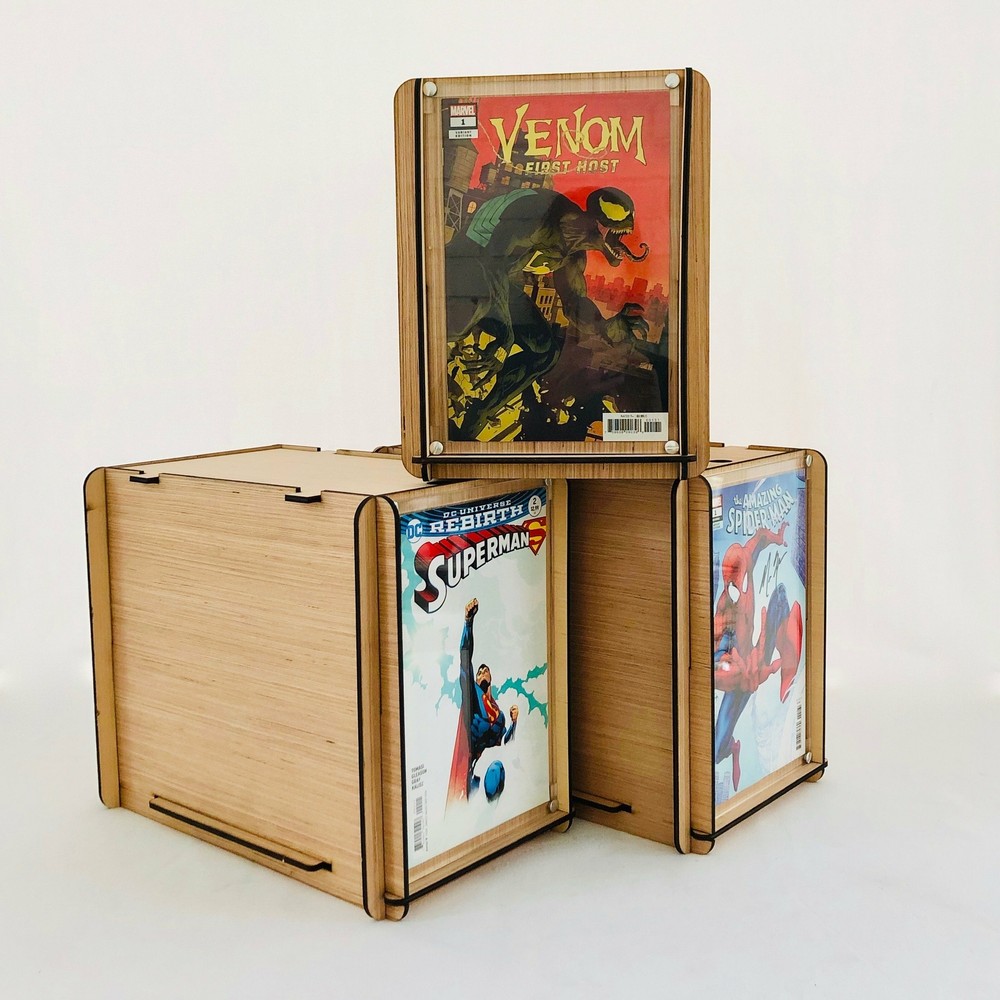 Three Comic Book Storage Boxes With Acrylic Display Frames