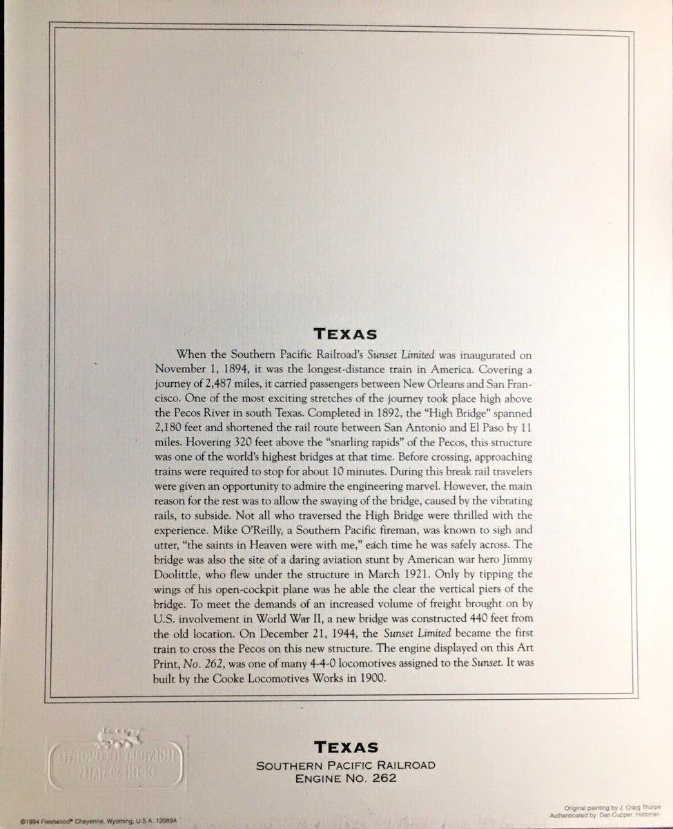 Vintage TEXAS Southern Pacific Railroad Engine No. 262 8x10 Art Print