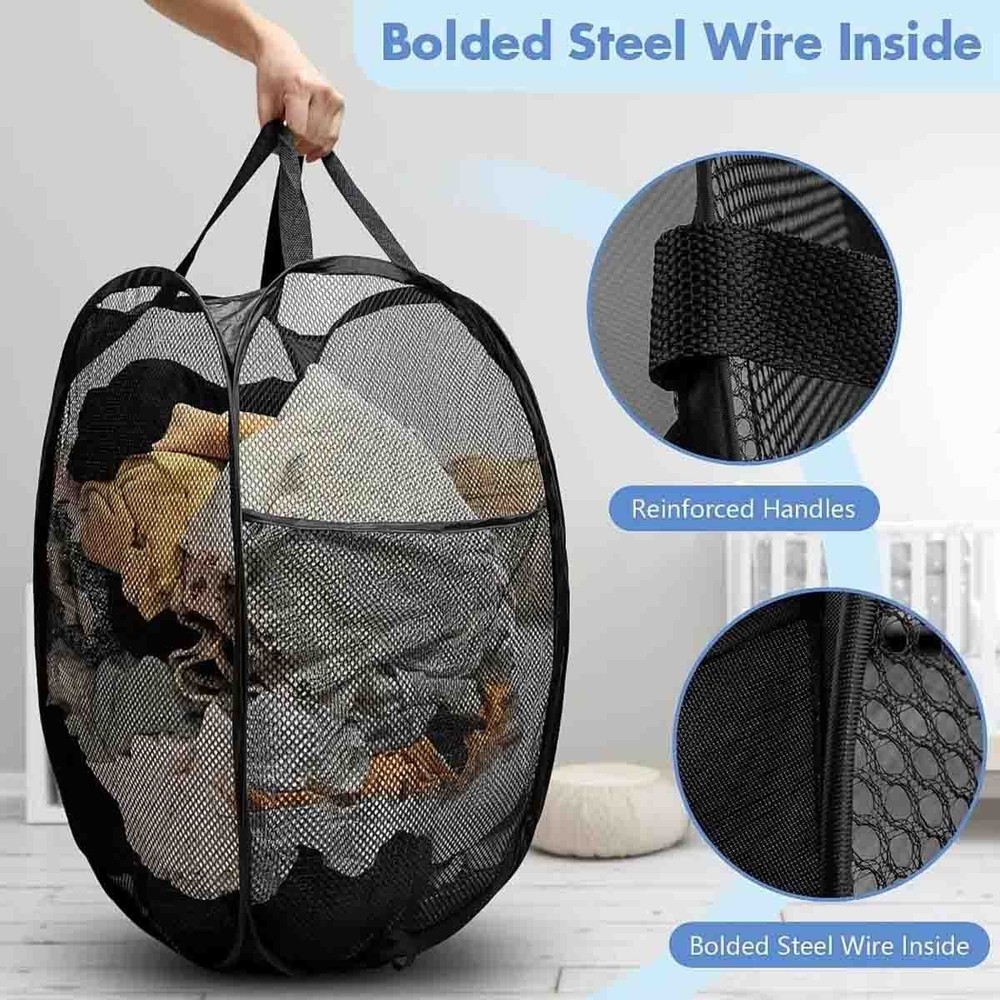 Convenient and practical foldable mesh pop-up laundry basket (Black | 2-Pack)