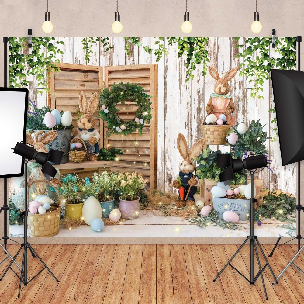 10x8ft Polyester Spring Easter Backdrop Rustic White Wooden Wall Colorful Egg...