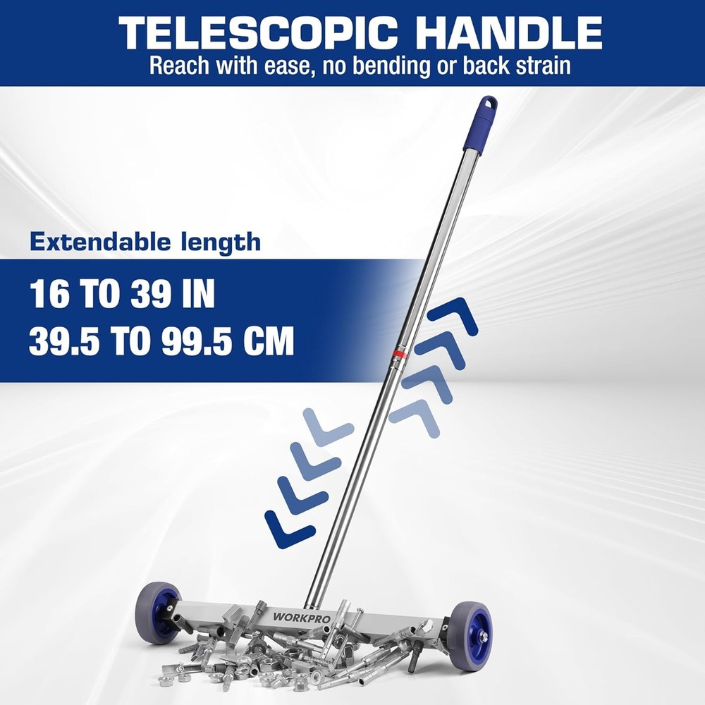 WORKPRO 17" Magnetic Sweeper Telescoping w/Wheel Rolling Sweeper Lawn Yard Grass