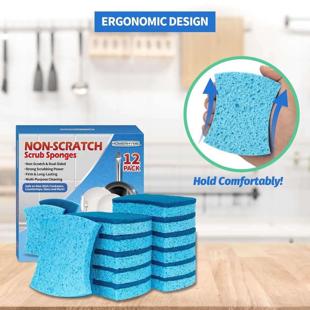 12-Pack Non-Scratch Cellulose Kitchen Scrub Sponges Double-Sided
