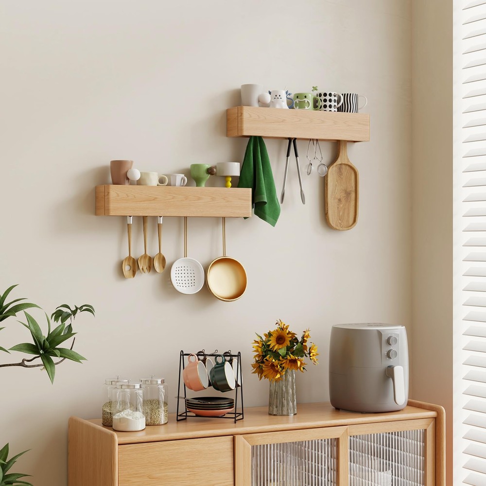 Solid Wood Wall Mounted Coat Rack with Shelf Hooks - Modern Floating Shelves ...