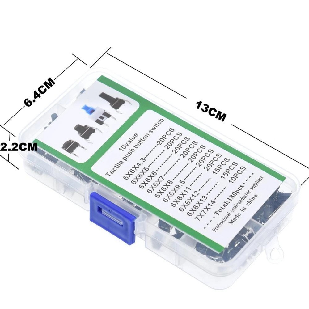 Push Button Tactile Switch Kit 180 Pieces Boxed with Multiple Trigger Sizes