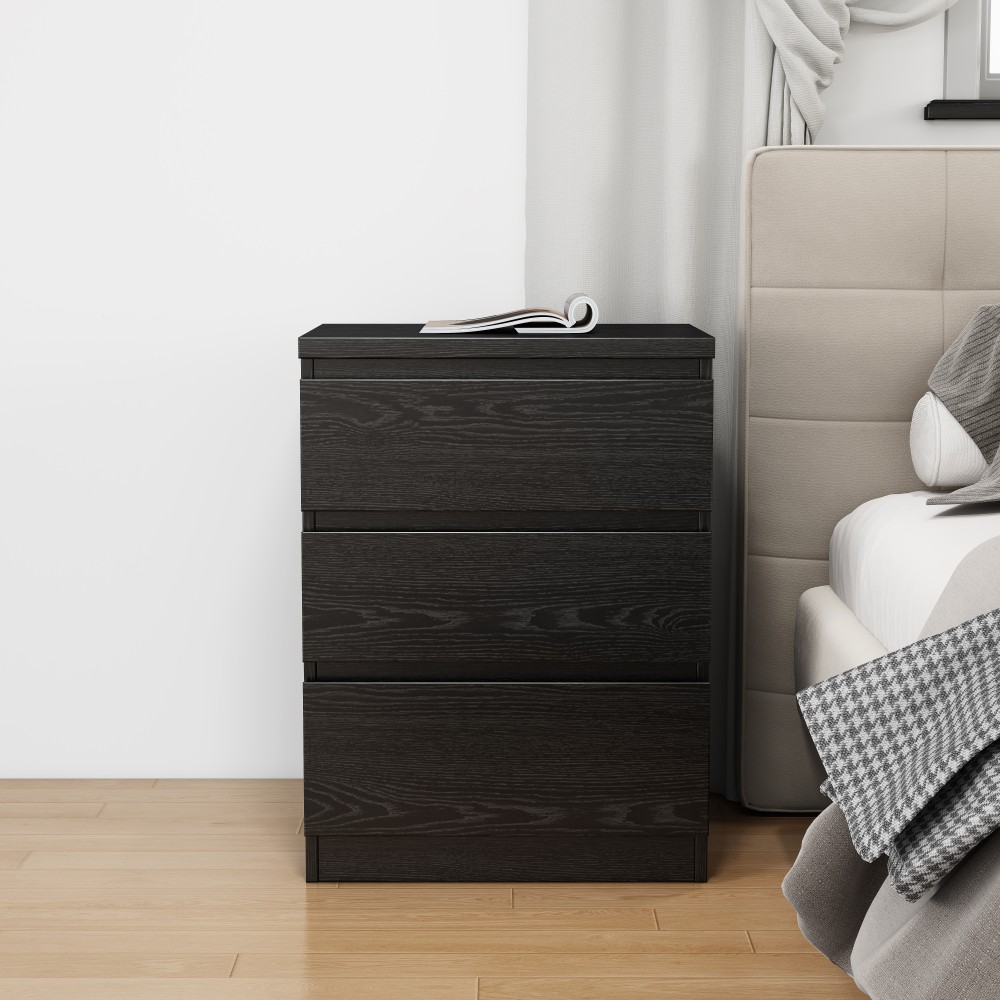 Modern Black Nightstand with 3 Drawers, Handle-Free Bedroom Dresser