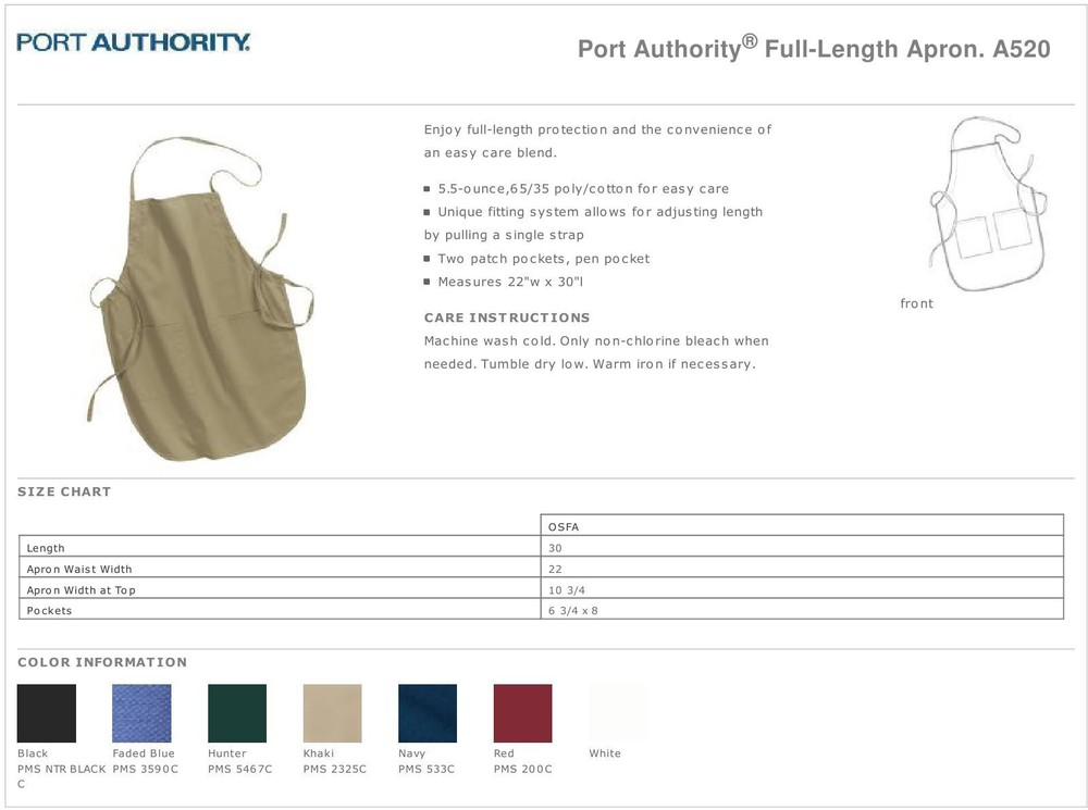 Port Authority Full Length Apron 2 Patch Pockets Pen Pocket A520