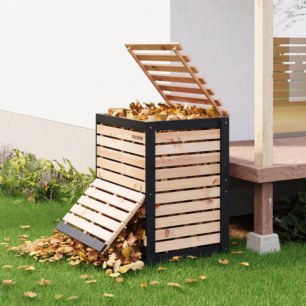 95 Gallon Solid Wood Composter Outdoor Compost Bin W/ Pull-Out Door Large