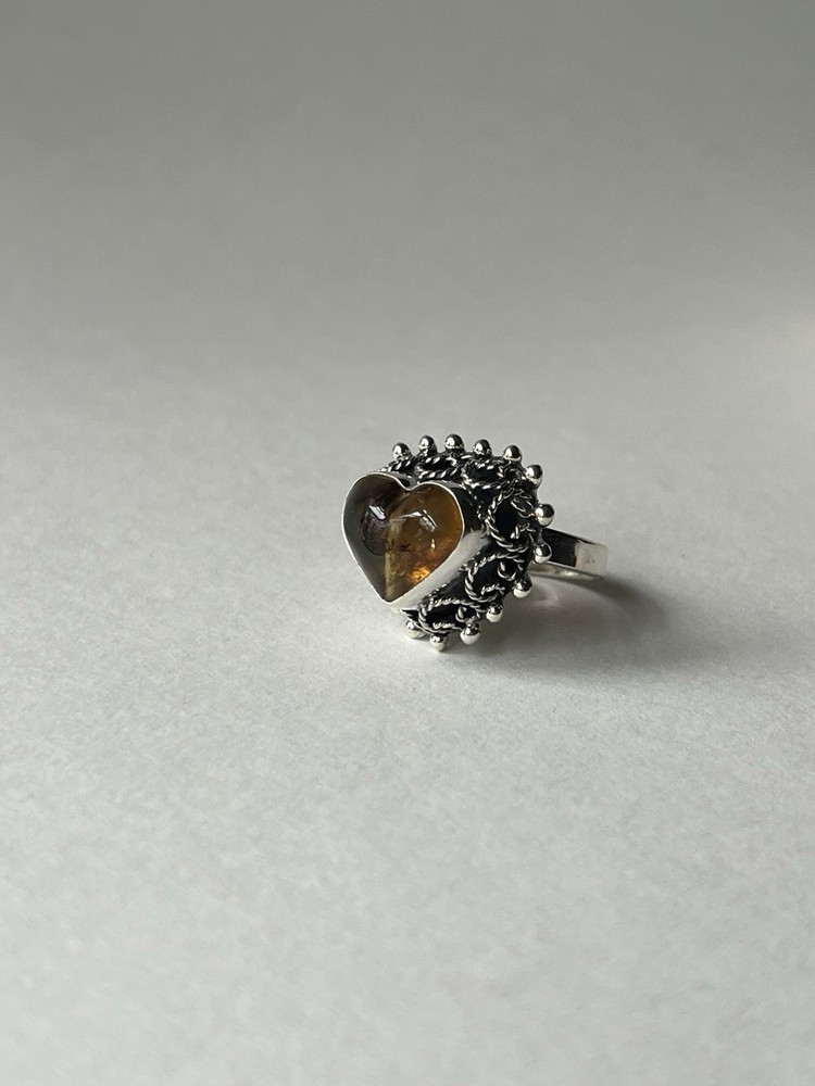 Amber Heart Ring 925 Sterling Silver Adjustable Artisan Statement