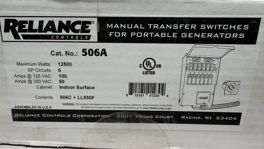 Reliance 506A Pro/Tran2 Manual Transfer Switch For Portable Generators