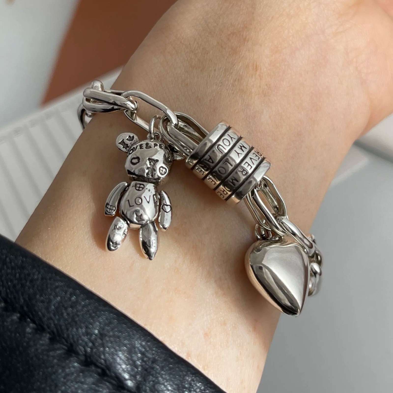 Vintage Sterling Thick Chain Bracelet Heart Pendant Trend Cute Bangle