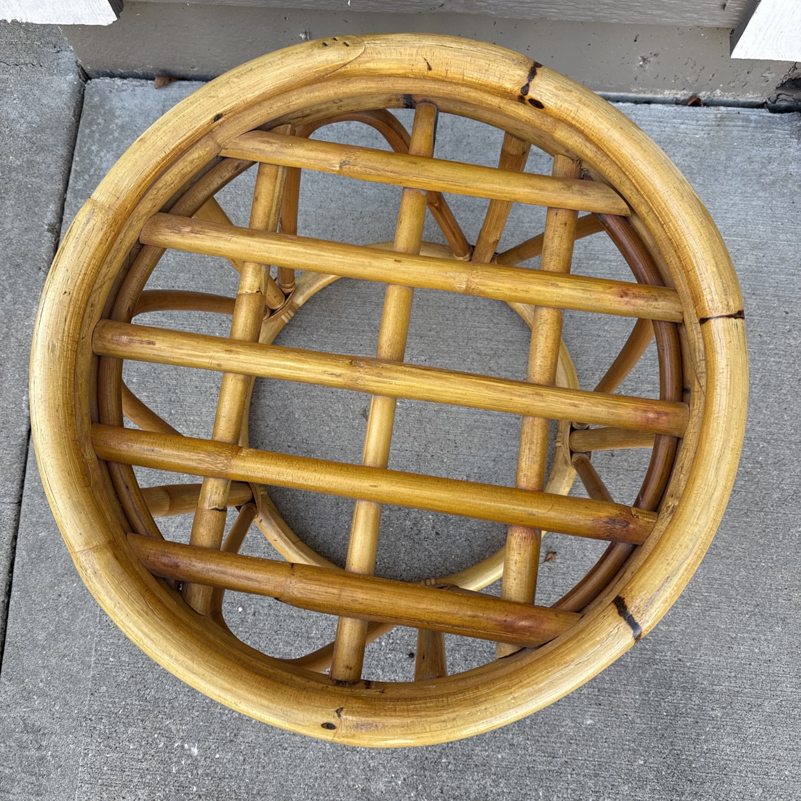 Vintage Rattan Bamboo Ottoman Base Boho Mid-Century Round Stool Plant Stand Bent