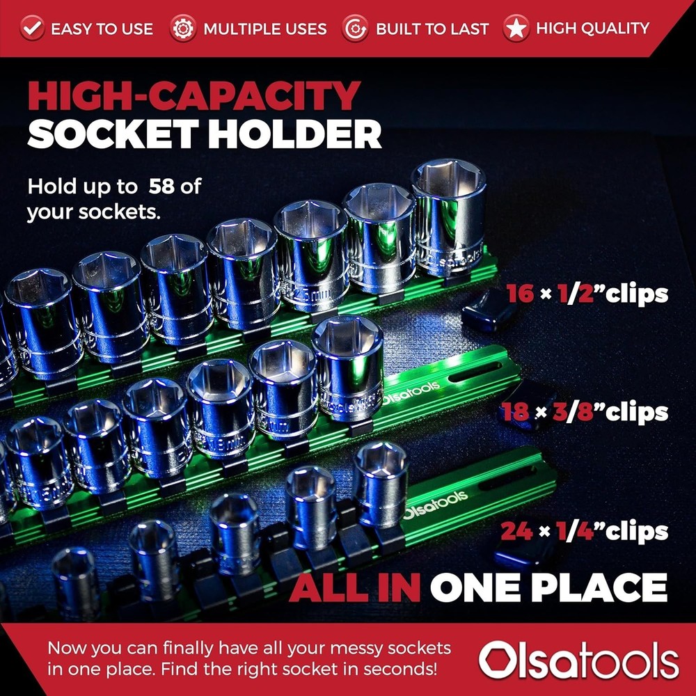 Green Aluminum Socket Organizer - 58 Sockets