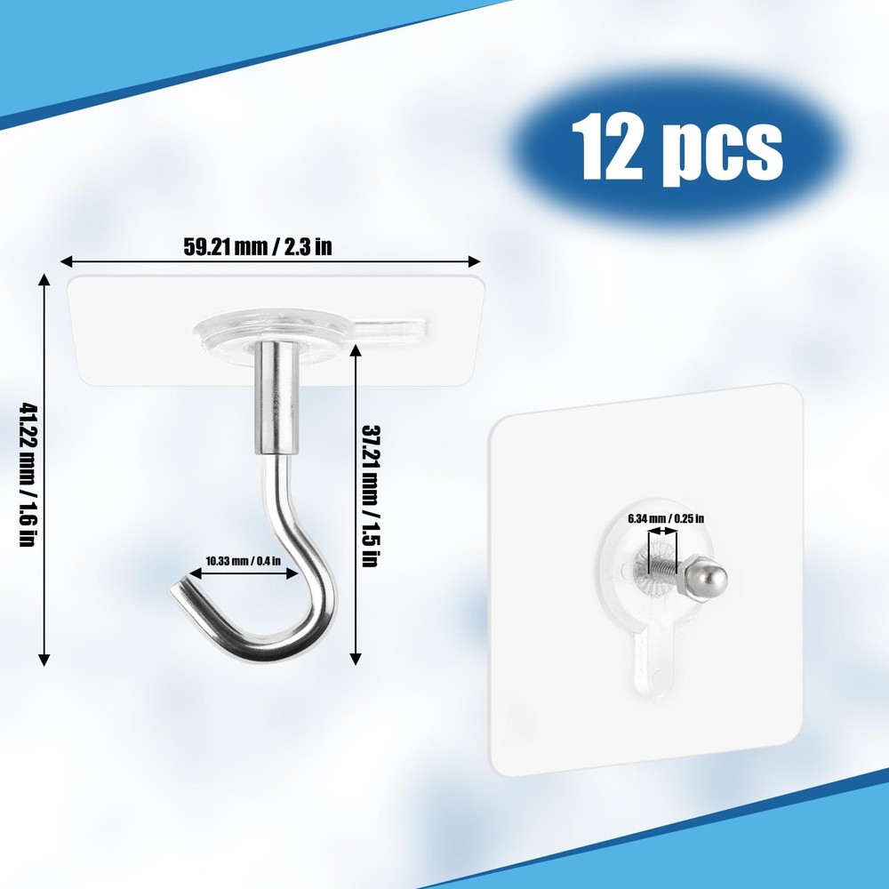 12 Pcs Adhesive Ceiling Hooks No Drilling Ceiling Hooks Outdoor Adhesive Hook...