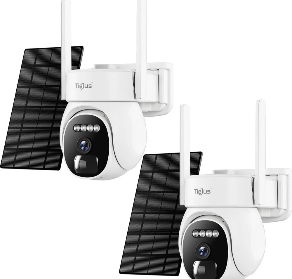 Tiejus Wireless Solar Powered PTZ Outdoor IP Security Camera System 2-Pack